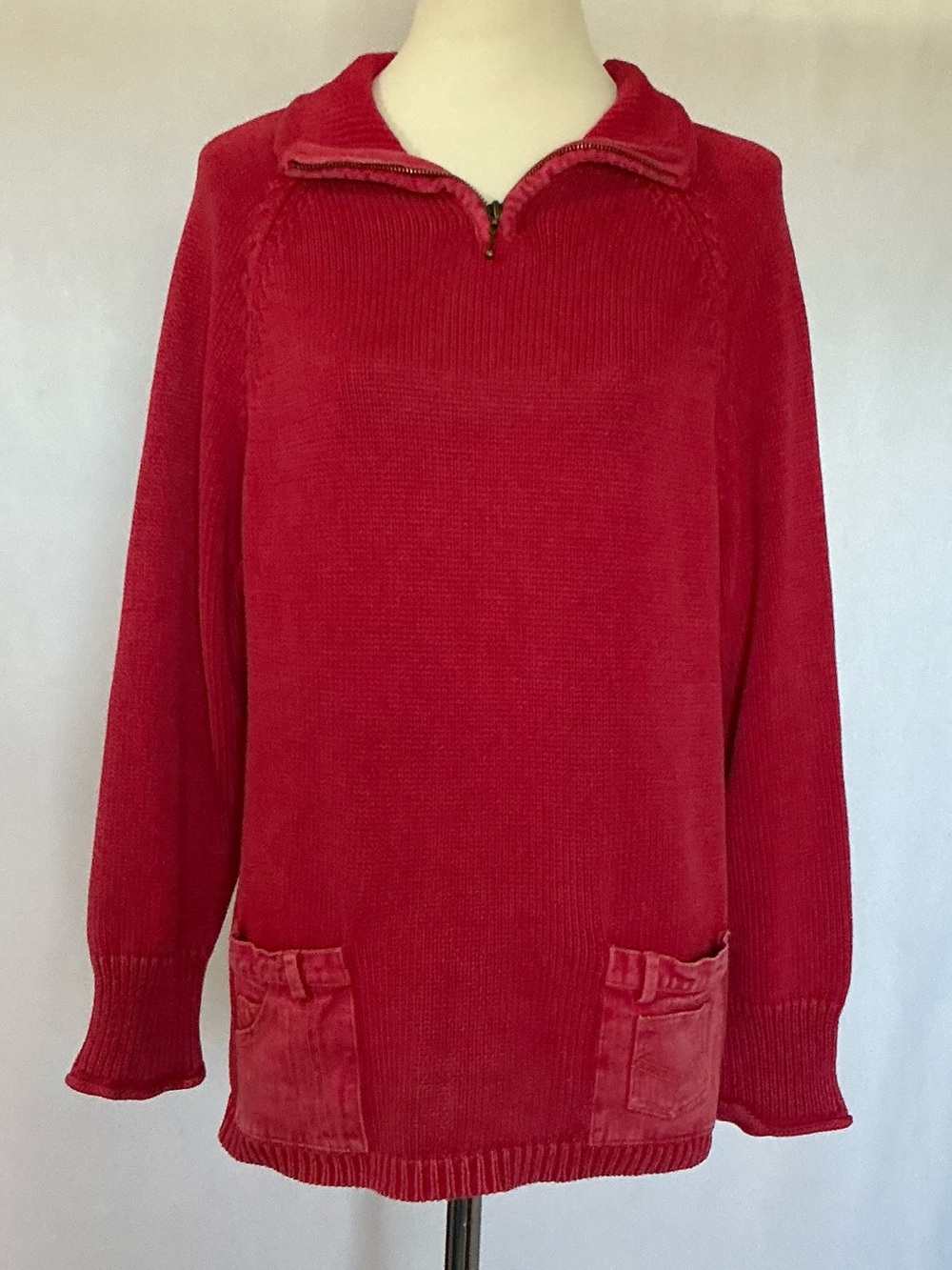 PBJ Blues Red Quarter Zip Ramie Cotton Patch Pocket Sweater XL